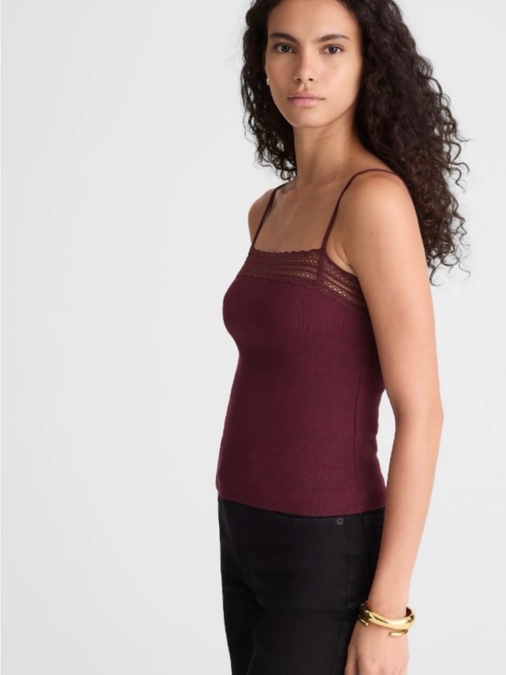 MADEWELL Women’s Lace-Trim Ribbed Cami Tank Top - Burgundy